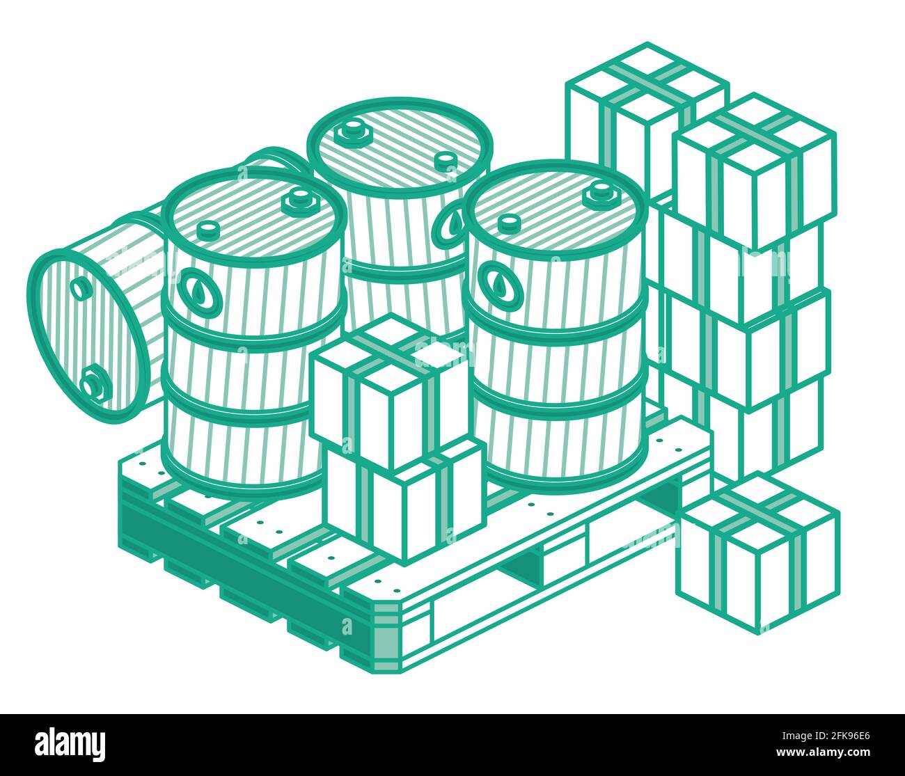 Vue isométrique fûts et boîtes d'huile sur palette en bois. Illustration vectorielle. Objets isolés. Concept logistique. Illustration de Vecteur