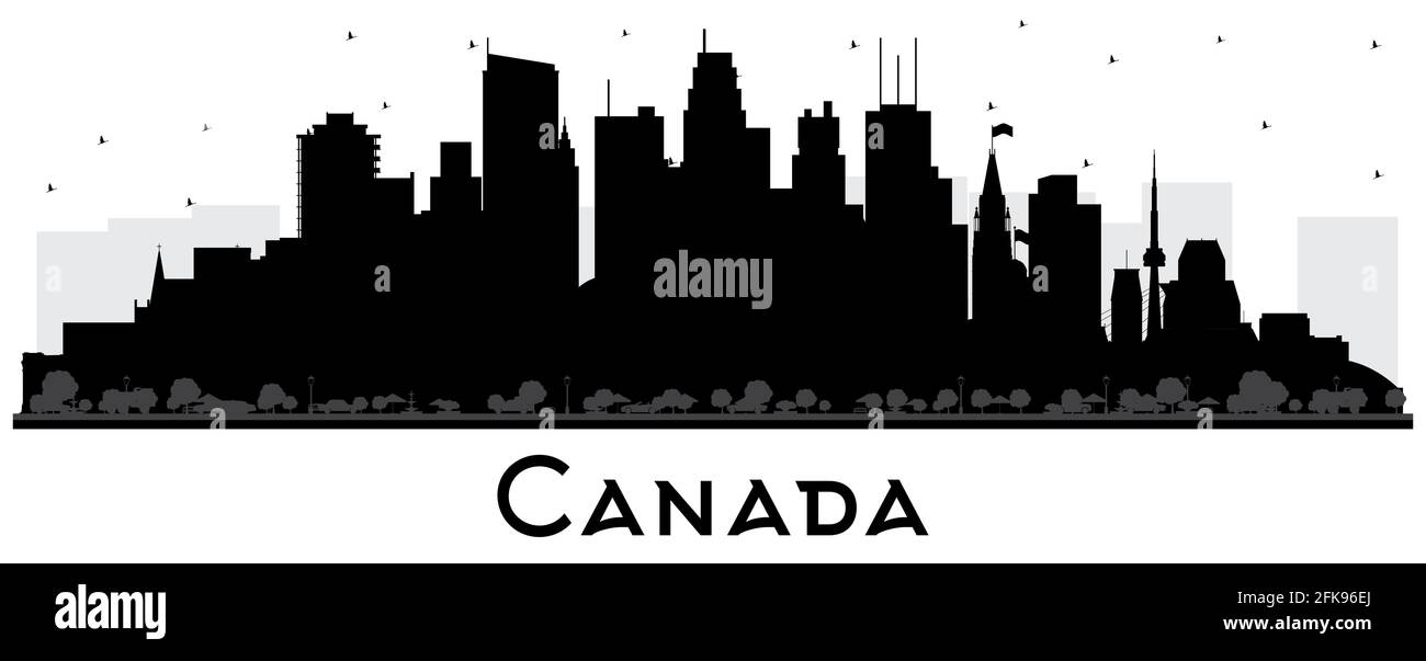 Silhouette de Canada City Skyline avec bâtiments noirs isolés sur blanc. Illustration vectorielle. Concept avec architecture historique. Paysage urbain du Canada. Illustration de Vecteur