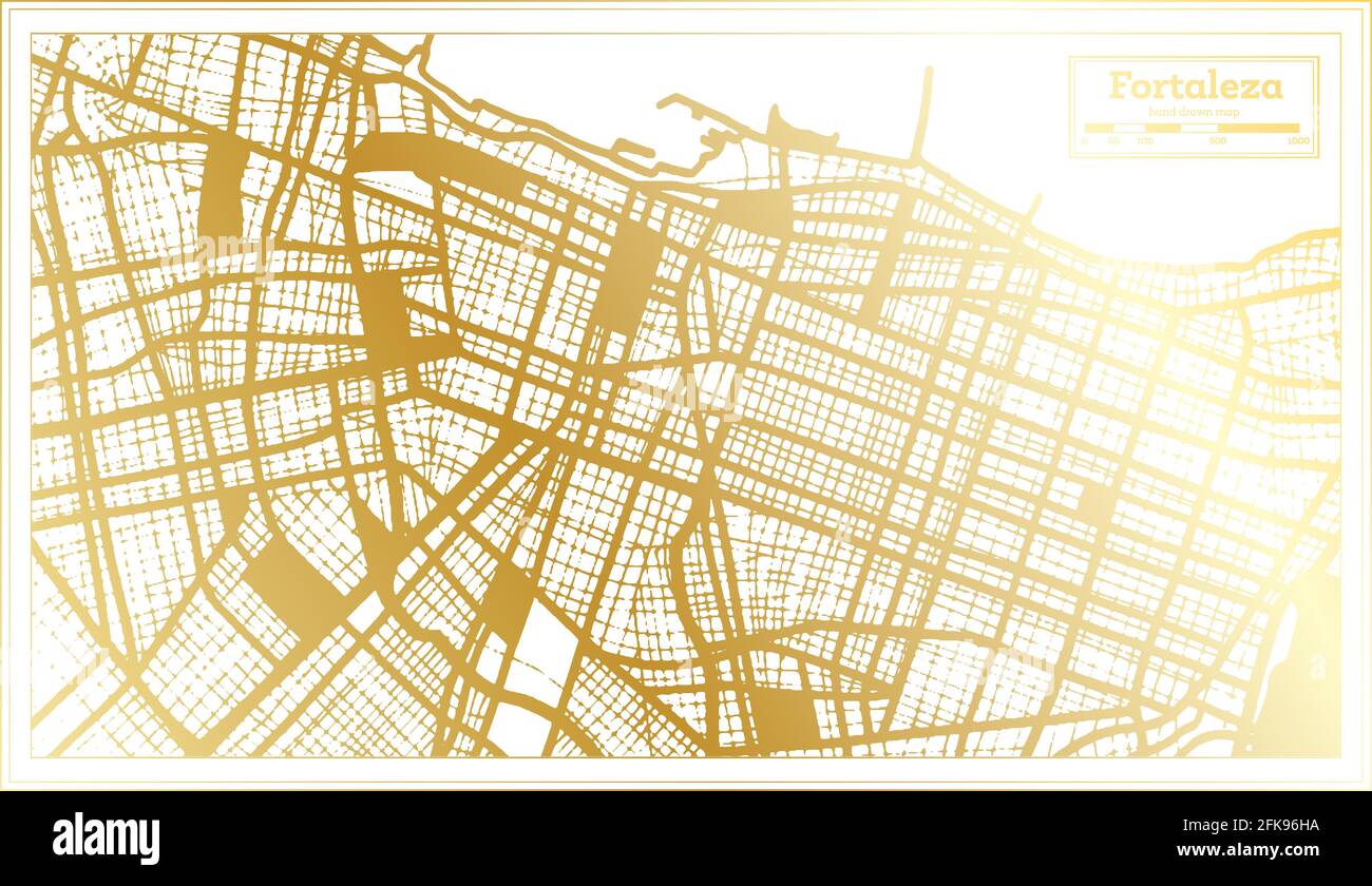 Fortaleza Brésil carte de la ville en style rétro en couleur dorée. Carte de contour. Illustration vectorielle. Illustration de Vecteur