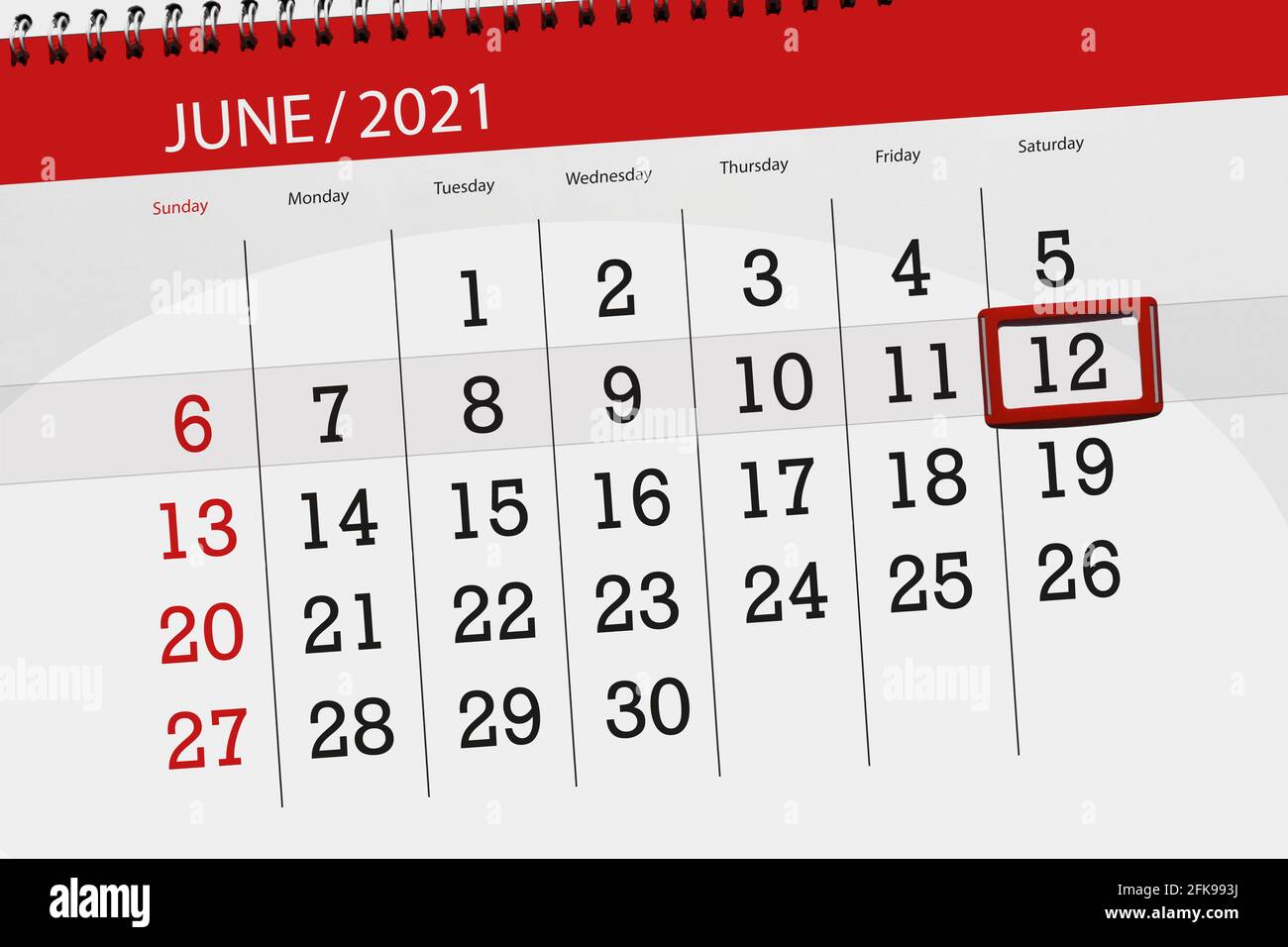 Calendrier pour le mois de juin 2021, date limite, 12, samedi. Banque D'Images