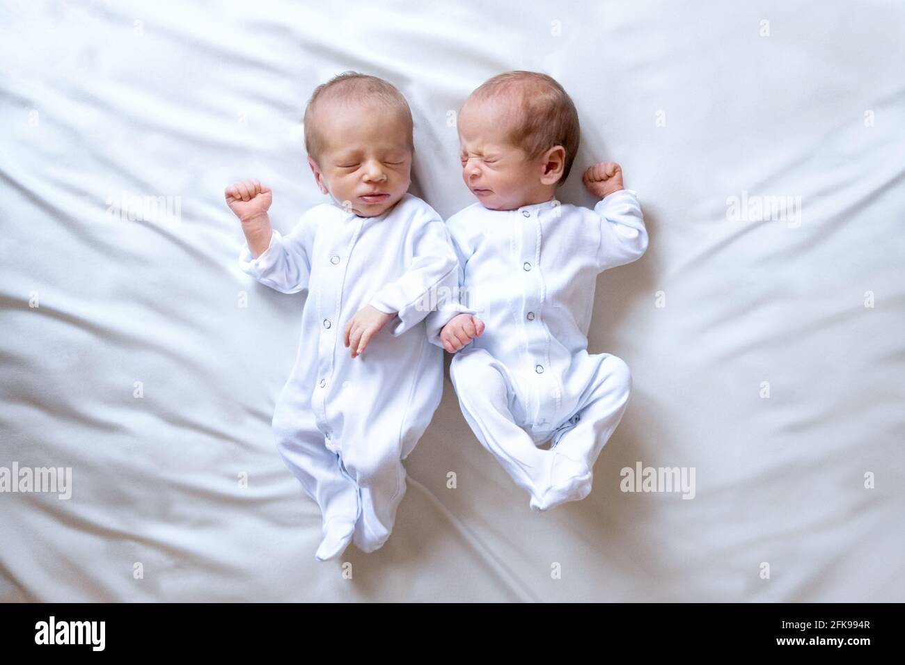 Nouveau-nés jumeaux sur le lit, dans les bras de leurs parents, sur fond blanc. Style de vie, émotions des enfants. Grossesse multiple. La grande famille Banque D'Images