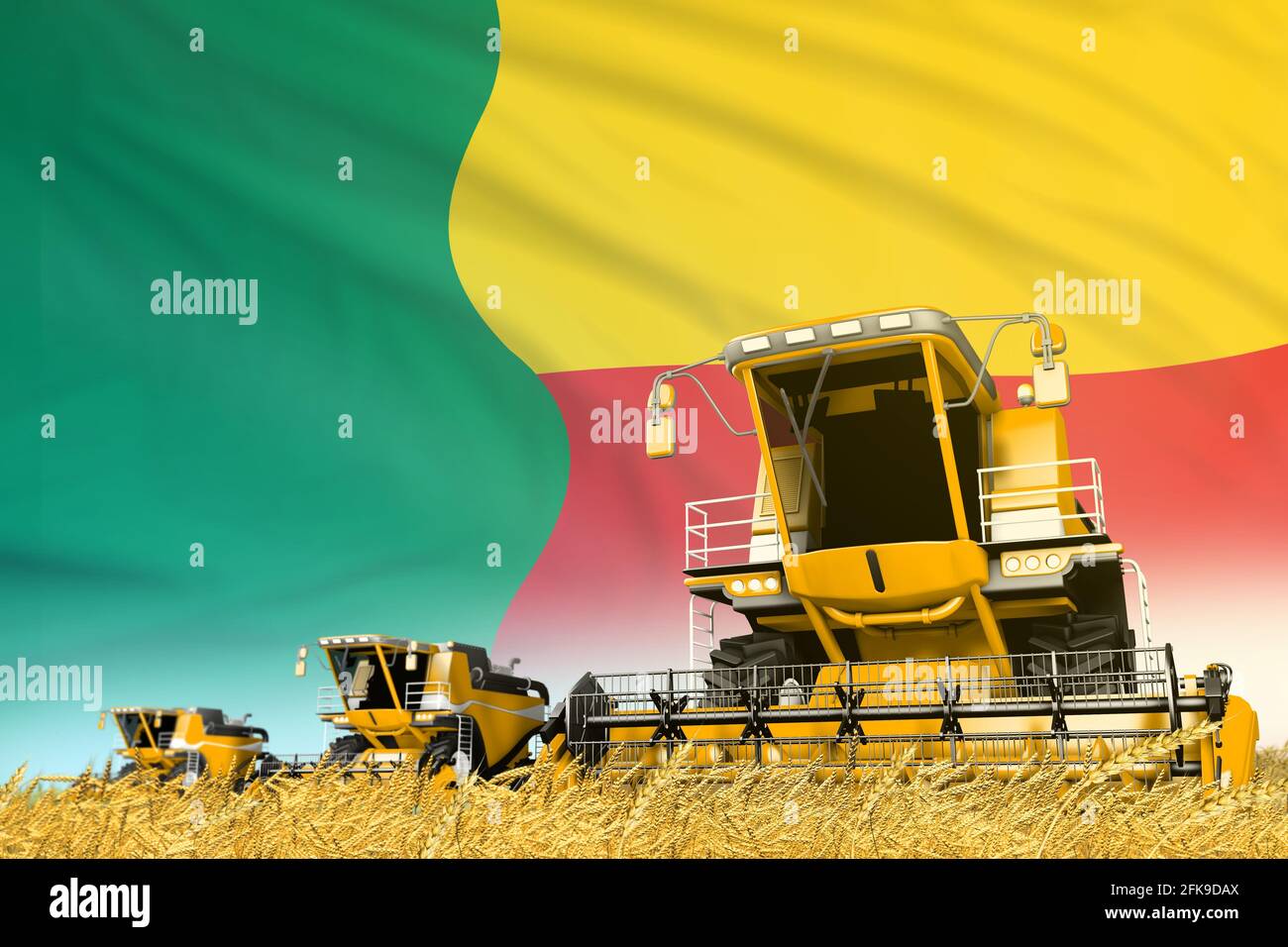 Moissonneuse-batteuse agricole de seigle jaune sur le terrain avec fond de drapeau du Bénin, concept de l'industrie alimentaire - illustration 3D industrielle Banque D'Images Moissonneuse-batteuse agricole de seigle jaune sur le terrain avec fond de drapeau du Bénin, concept de l'industrie alimentaire - illustration 3D industrielle Banque D'Images