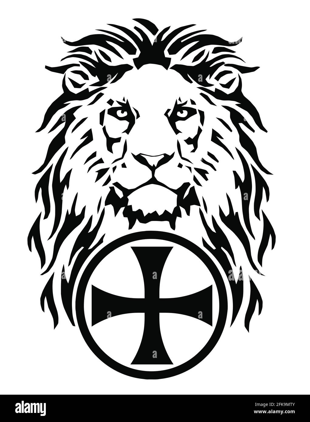 La tête du Lion et le symbole du christianisme - la croix catholique, dessinant pour tatouage, sur fond blanc, illustration, noir et blanc, vecteur Illustration de Vecteur