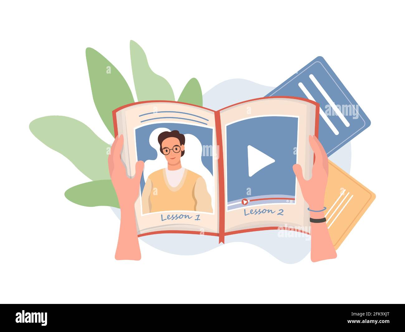 Mains tenant le livre avec jouer en ligne leçon vecteur illustration plate. Formation en ligne, formation à distance, application mobile livres audio. Concept d'étude et de divertissement numériques. Illustration de Vecteur
