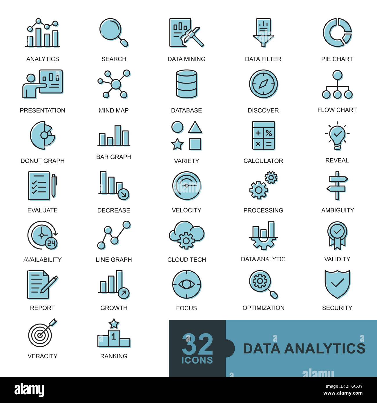 Analyse de données, statistiques, analyse ligne mince minimale, glyphe, couleur pleine, ensemble d'icônes de Web Uni. Illustration vectorielle simple Illustration de Vecteur