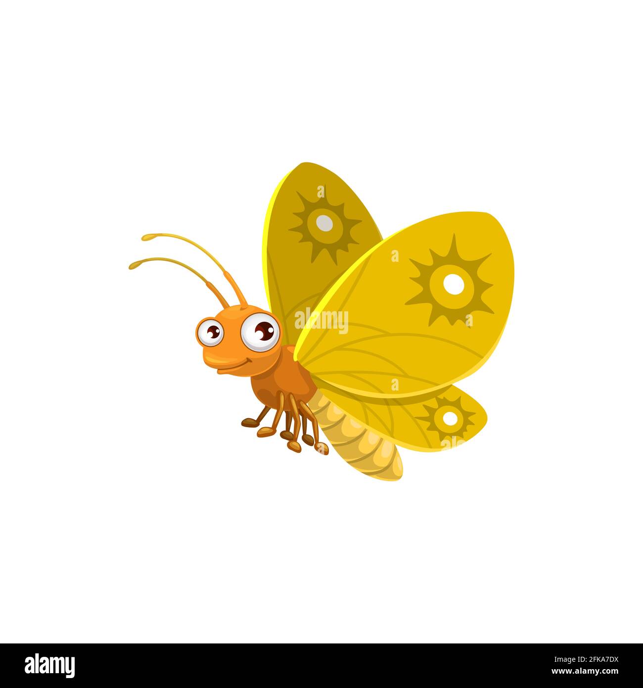 Dessin animé papillon vecteur icône, beau insecte volant avec des ailes jaunes, visage mignon et grands yeux. Mascotte drôle, élément de conception. Créature sauvage isolée Illustration de Vecteur