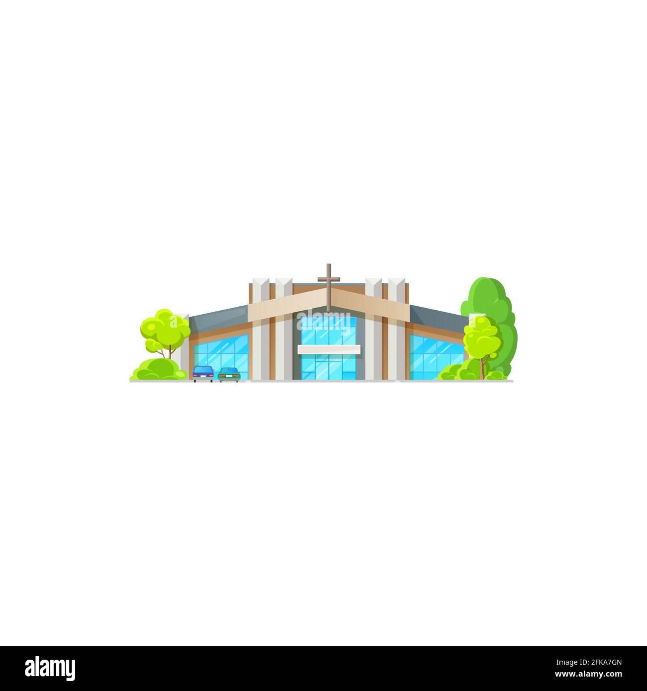 Eglise catholique de construction communautaire isolée avec salle de verre, maison d'architecture moderne avec croix. Façade vectorielle extérieure de la chapelle contemporaine, wedd Illustration de Vecteur