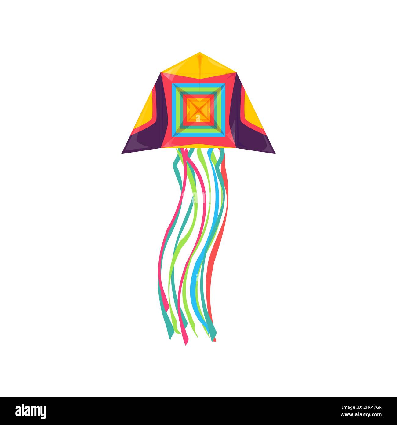 Cerf-volant en forme de méduse volant dans le ciel isolé jouet pour enfants. Ballon-cerf-volant vectoriel flotté dans le vent, longues cordes aux extrémités, activités d'été en plein air obj Illustration de Vecteur