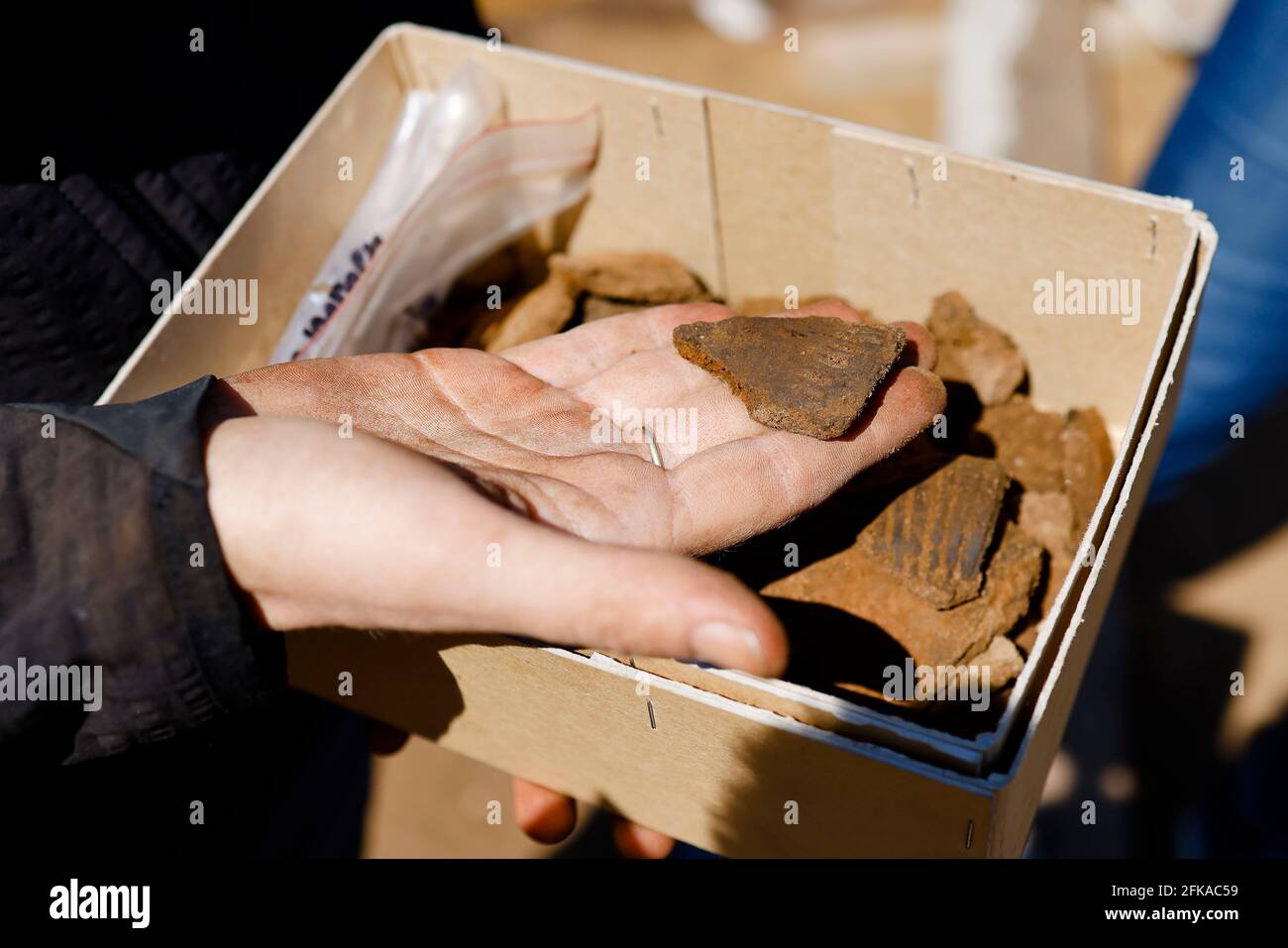 Norddorf, Allemagne. 28 avril 2021. Janna Kordowksi, chef de l'excavation, tient les restes d'une tasse de boisson entre ses mains. À Norddorf, sur Amrum, une équipe du Bureau archéologique de l'État du Schleswig-Holstein excavait un enterrement avec le nom frison 'Naiarhuuch' (Norddorf LA 12) en prévision d'un projet de construction. La fin des travaux est prévue pour mai 2021. Credit: Frank Molter/dpa/Alay Live News Banque D'Images