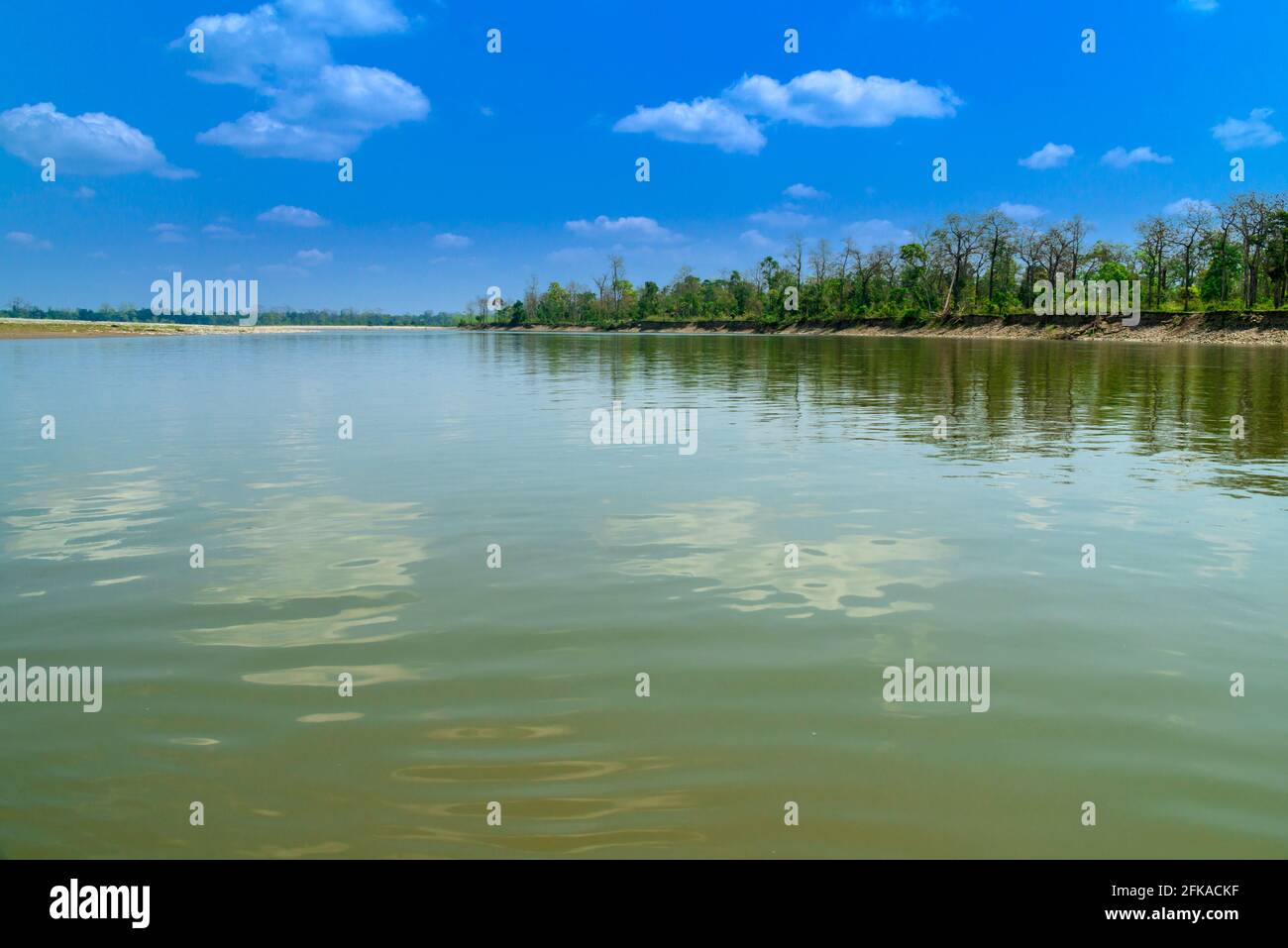 Paysage avec une rivière. La vue panoramique de la rivière large, Jia Bhorili, un affluent de la rivière Brahmaputra, au parc national de Nemari, Assam, Inde. Banque D'Images