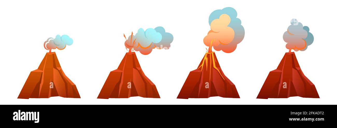 Éruption volcanique à différents stades. Le volcan éclate de lave, de feu et de nuages de fumée, de cendres et de gaz. Ensemble de dessins animés vectoriels de montagne avec cratère et magma chaud isolé sur fond blanc Illustration de Vecteur