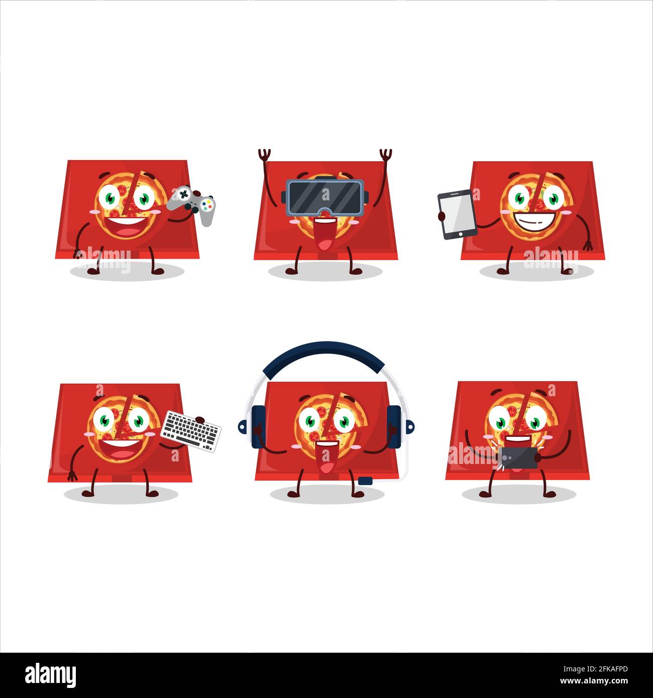 Le personnage de dessin animé de la boîte à pizza joue à des jeux avec diverses émoticônes mignons. Illustration vectorielle Illustration de Vecteur