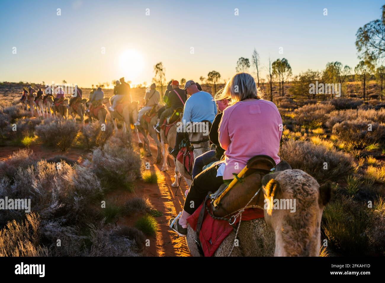 Touristes profitant du lever du soleil dans le désert d'Australie centrale Banque D'Images