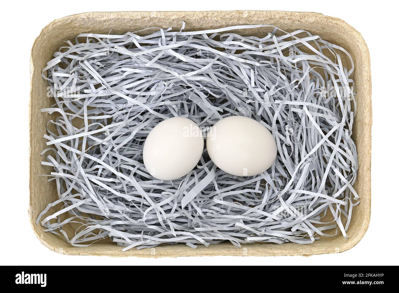 Emballages de plateaux à œufs en papier beige fabriqués à partir de papier recyclé plein d'oeufs frais isolés sur blanc Banque D'Images