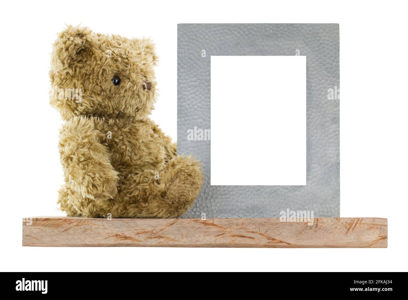 Profil latéral d'un adorable ours assis à côté d'un cadre d'image en métal vierge en véritable argent, isolé sur fond blanc Banque D'Images