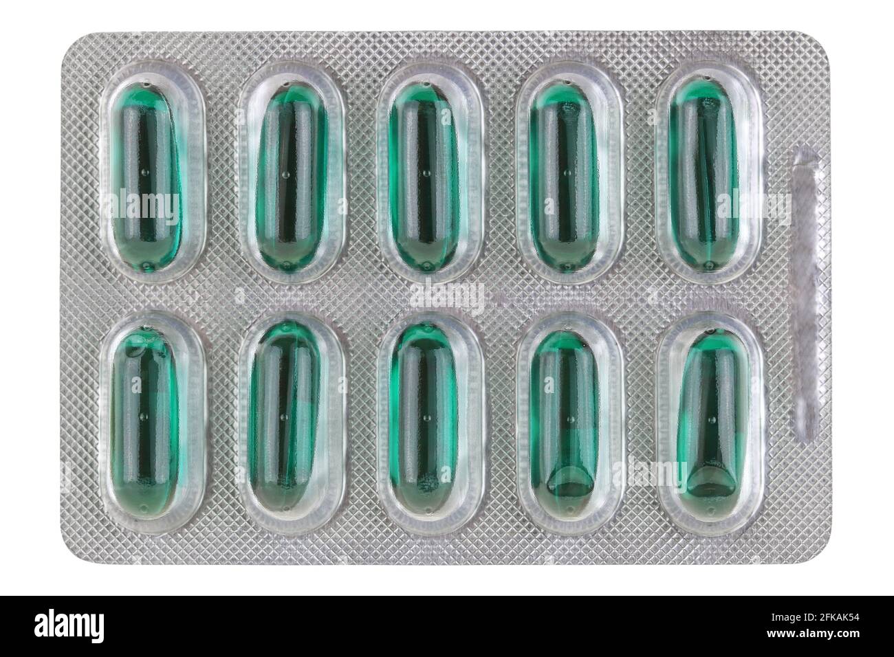 Un paquet de capsules souples complètes de couleur verte pour soulager la douleur et la fièvre à action rapide, isolé sur blanc Banque D'Images