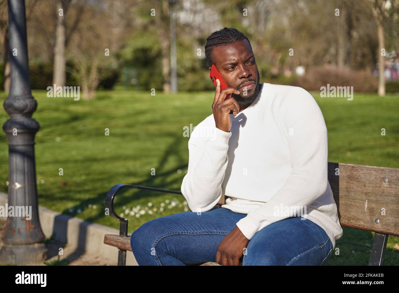 Portrait d'un jeune Africain américain parlant au téléphone portable dans un parc. Homme noir avec des tresses dans ses cheveux. Photo de haute qualité Banque D'Images