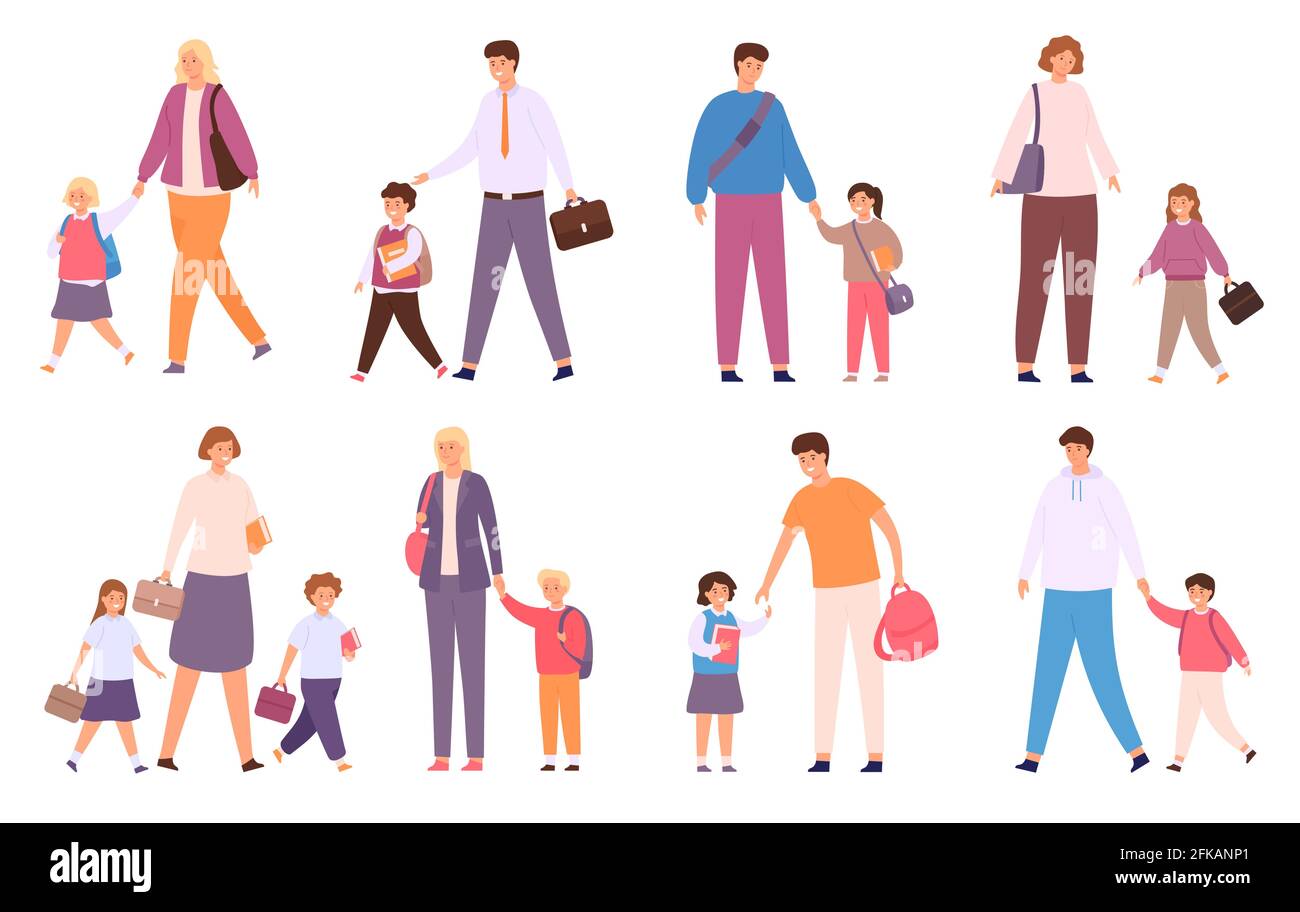Les parents emparent les enfants à l'école. Une foule d'étudiants heureux marchent avec la famille. La mère, le père et les enfants avec des sacs vont de nouveau à l'ensemble de vecteur d'école Illustration de Vecteur