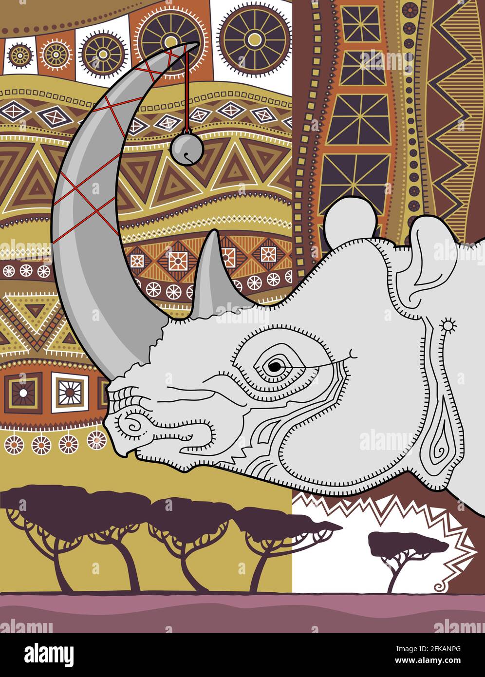 Tête stylisée d'un rhinocéros sur fond d'ornement africain. Coloration ocre brunâtre. Illustration de Vecteur