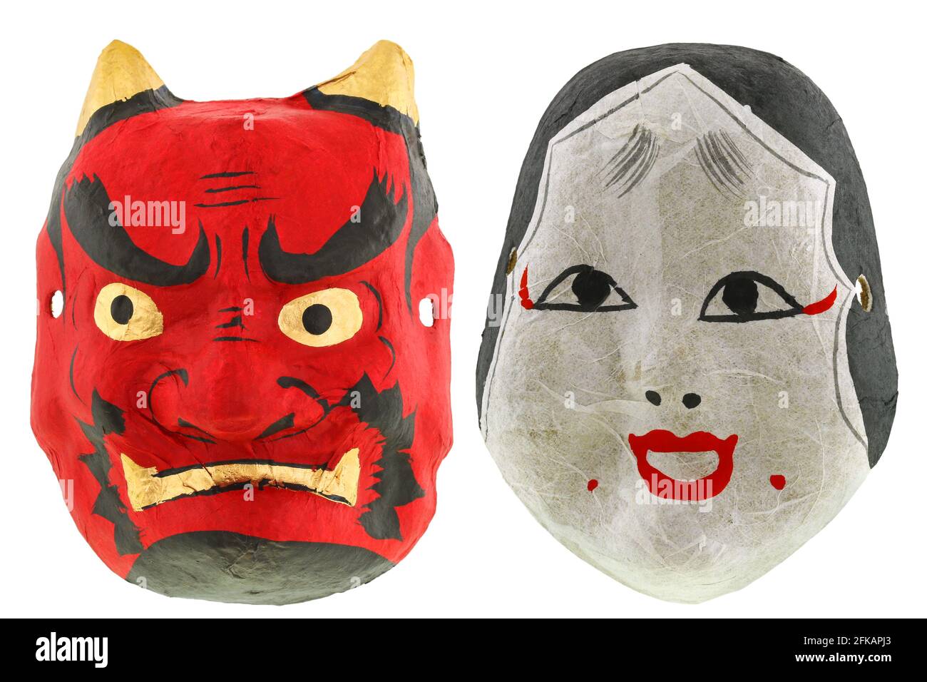 Masques de théâtre japonais traditionnels masque de diable rouge Oni Daemon et masque okame otafuku, isolés sur blanc Banque D'Images