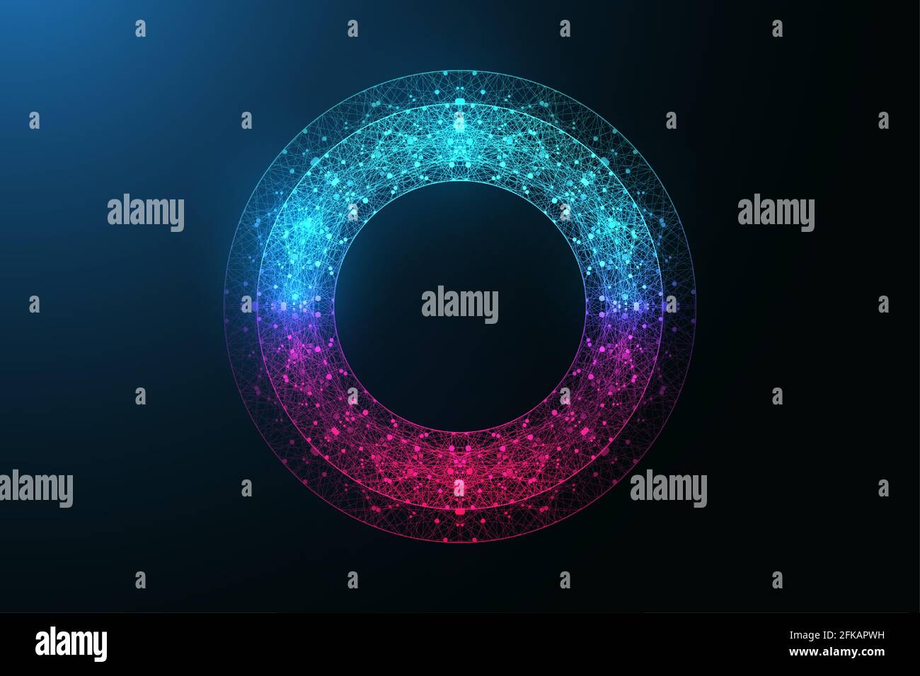 Cercle de couleur néon numérique avec points et lignes de connexion dans un style abstrait. Cadre au néon numérique futuriste. Forme ronde polygonale au néon, vecteur Illustration de Vecteur