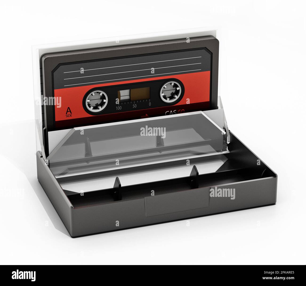 Cassette audio vintage et boîtier de cassette isolé sur fond blanc. Illustration 3D. Banque D'Images
