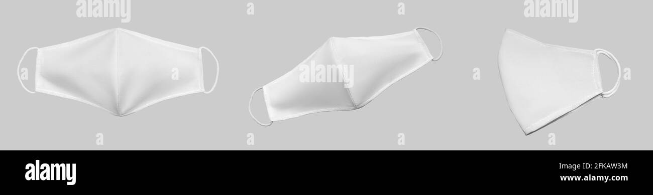 Maquette de masque blanc en tissu avec liens isolés sur le fond. Modèle de respirateur à la mode pour la protection contre la grippe, le covide19, le coronavirus. Banque D'Images