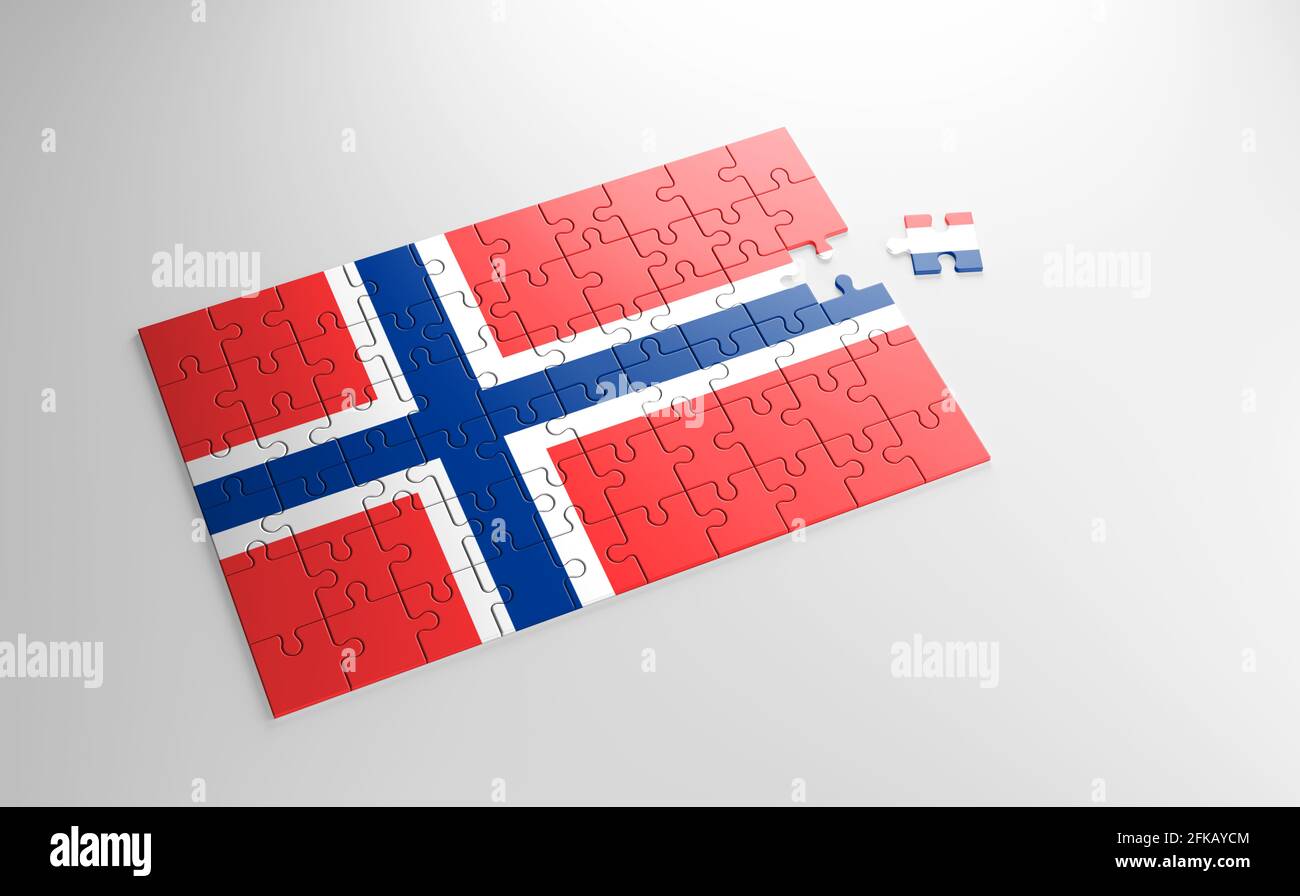 Un puzzle avec une impression du drapeau de Svalbard et de Jan Mayen, pièces du puzzle isolées sur fond blanc. Accomplissement et perfection Banque D'Images