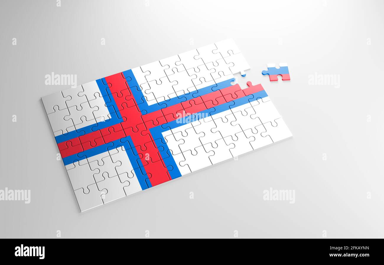 Un puzzle avec une impression du drapeau des îles Féroé, pièces du puzzle isolées sur fond blanc. Réalisation et perfection concept. Banque D'Images