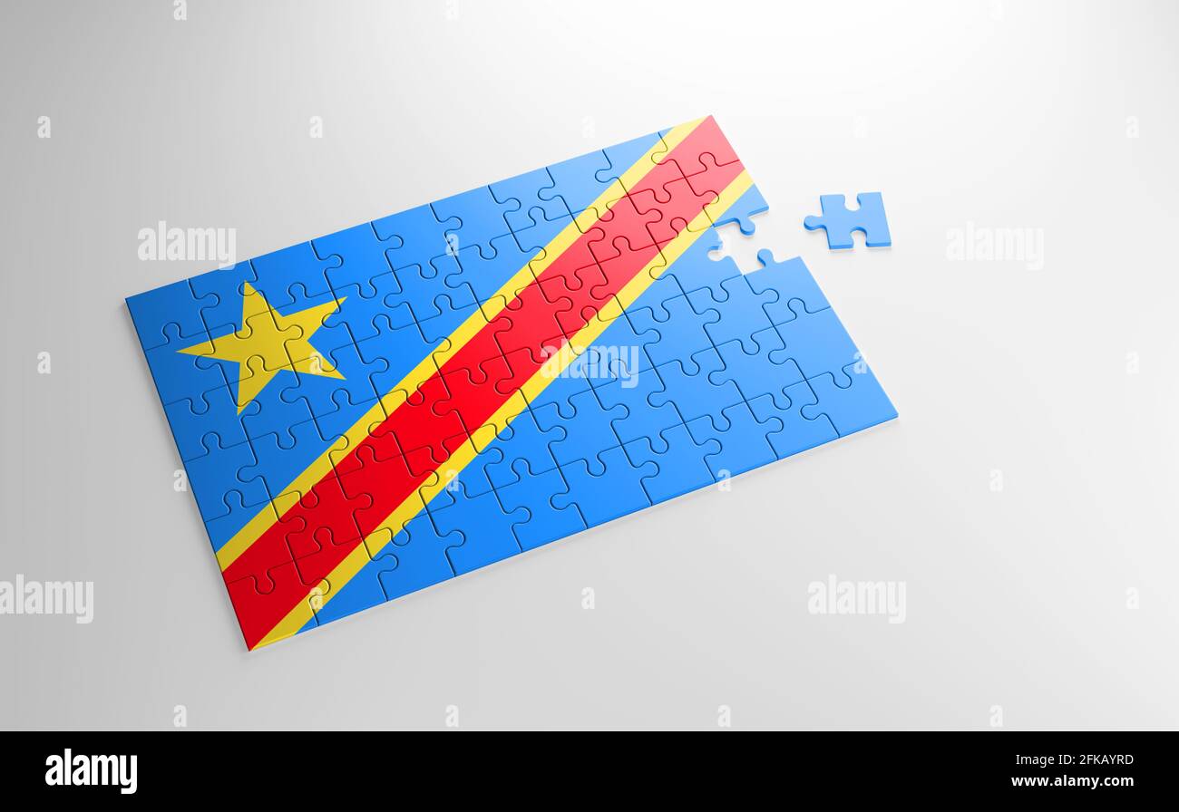 Un puzzle avec une impression du drapeau de la RD Congo, pièces du puzzle isolées sur fond blanc. Réalisation et perfection concept. Symbole Banque D'Images