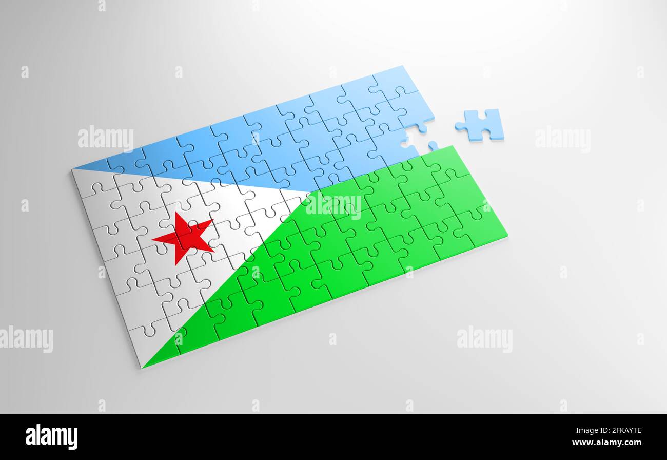 Un puzzle avec un imprimé du drapeau de Djibouti, des pièces du puzzle isolées sur fond blanc. Réalisation et perfection concept. Symbole Banque D'Images