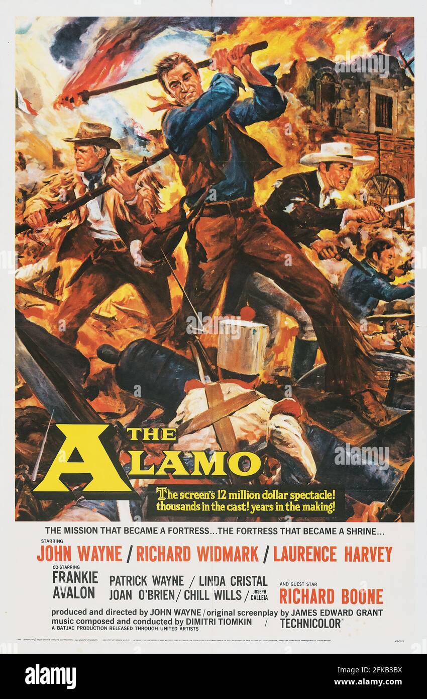 Affiche de film classique pour l'Alamo avec John Wayne. Wild West, vieux film WESTERN. Exploit. Richard Widmark et Laurence Harvey. 1960. Banque D'Images