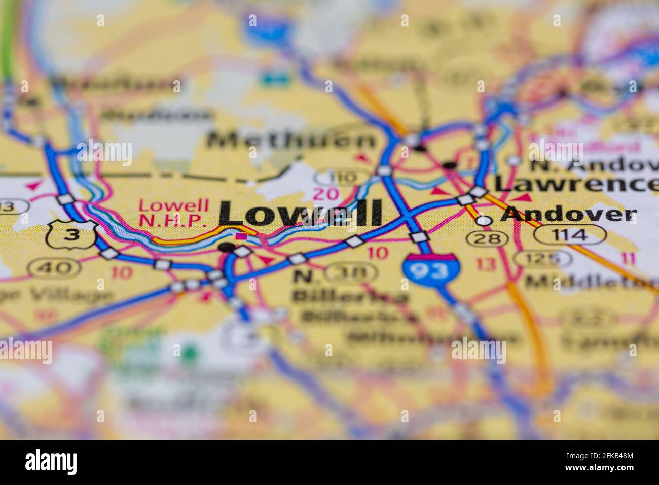 Lowell Massachusetts USA indiqué sur une carte de la géographie ou sur une route carte Banque D'Images