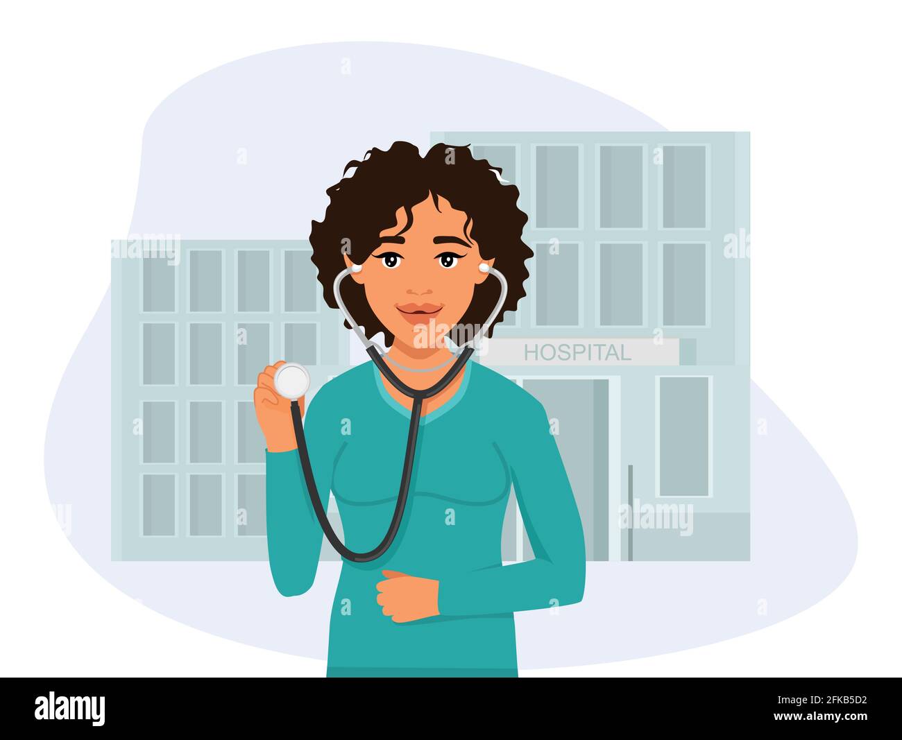 Travailleur médical, le médecin tient un stéthoscope dans ses mains. L'hôpital est en arrière-plan. Traitement et conseil contre les virus et la grippe. Illustration de Vecteur