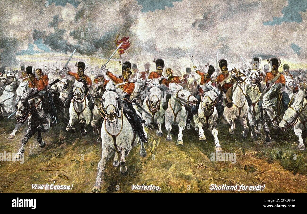 Bataille de Waterloo, 18 juin 1815 : soldats écossais. Ancienne carte postale de la peinture 'Scotland Forever!', 1881, par Lady Butler, Leeds Art Gallery. Paris, Fondation Napoléon Banque D'Images