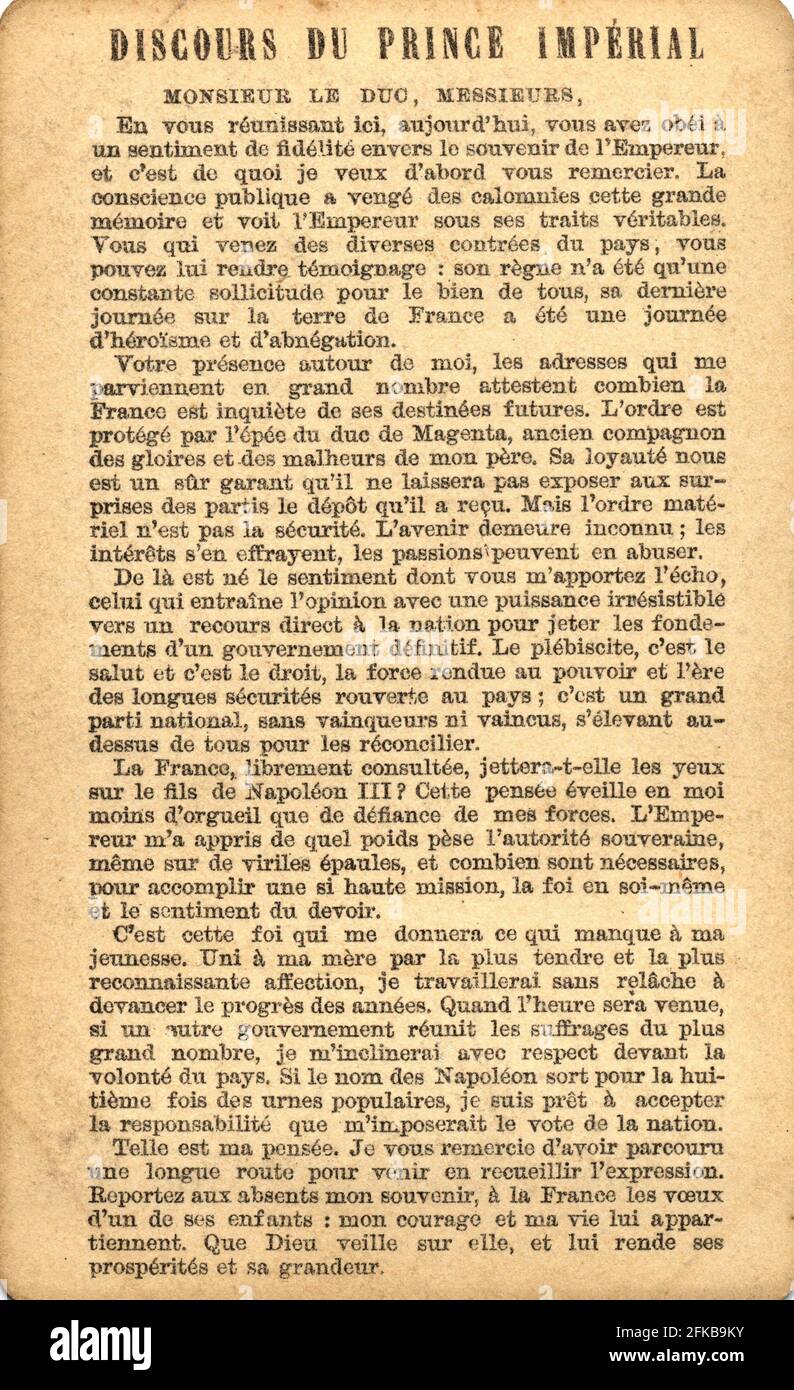 Discours du Prince impérial Louis Napoléon Eugène Jean Joseph Bonaparte (1856-1879). Fils de Napoléon III et d'Eugénie de Montijo, comtesse de Teba (impératrice const. Des Français). Paris, Fondation Napoléon Banque D'Images