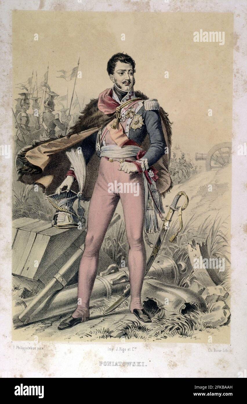 Prince Joseph Poniatowski. 1763-1813. Maréchal de France, ministre de la guerre du Grand-Duché de Varsovie. Le siècle de Napoléon (l'âge de Napoléon) tableaux de F.Philippoteaux. Lithographie par CH. Bour. 1846. Banque D'Images