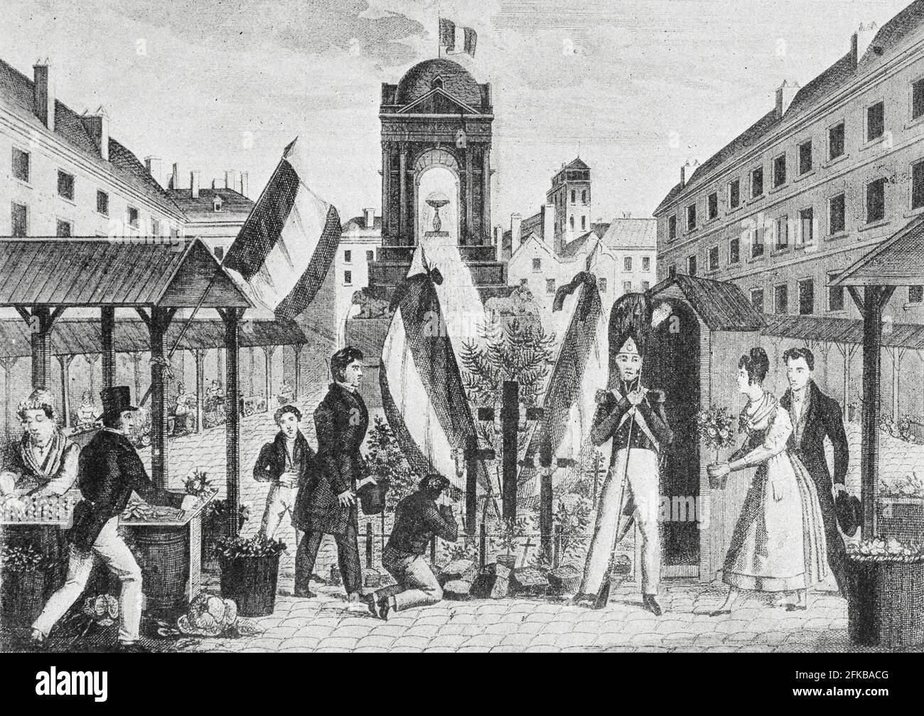 Tombes des victimes de la Révolution de juillet, au marché des innocents, Paris. Juillet 1830. Gravure populaire. Dans : Louis Barron, Paris Pittoresque 1800-1900. La vie - les Moeurs - les plaisir, Paris, Société française d'Editions d'Art L.-Henry Mai 1899. Banque D'Images