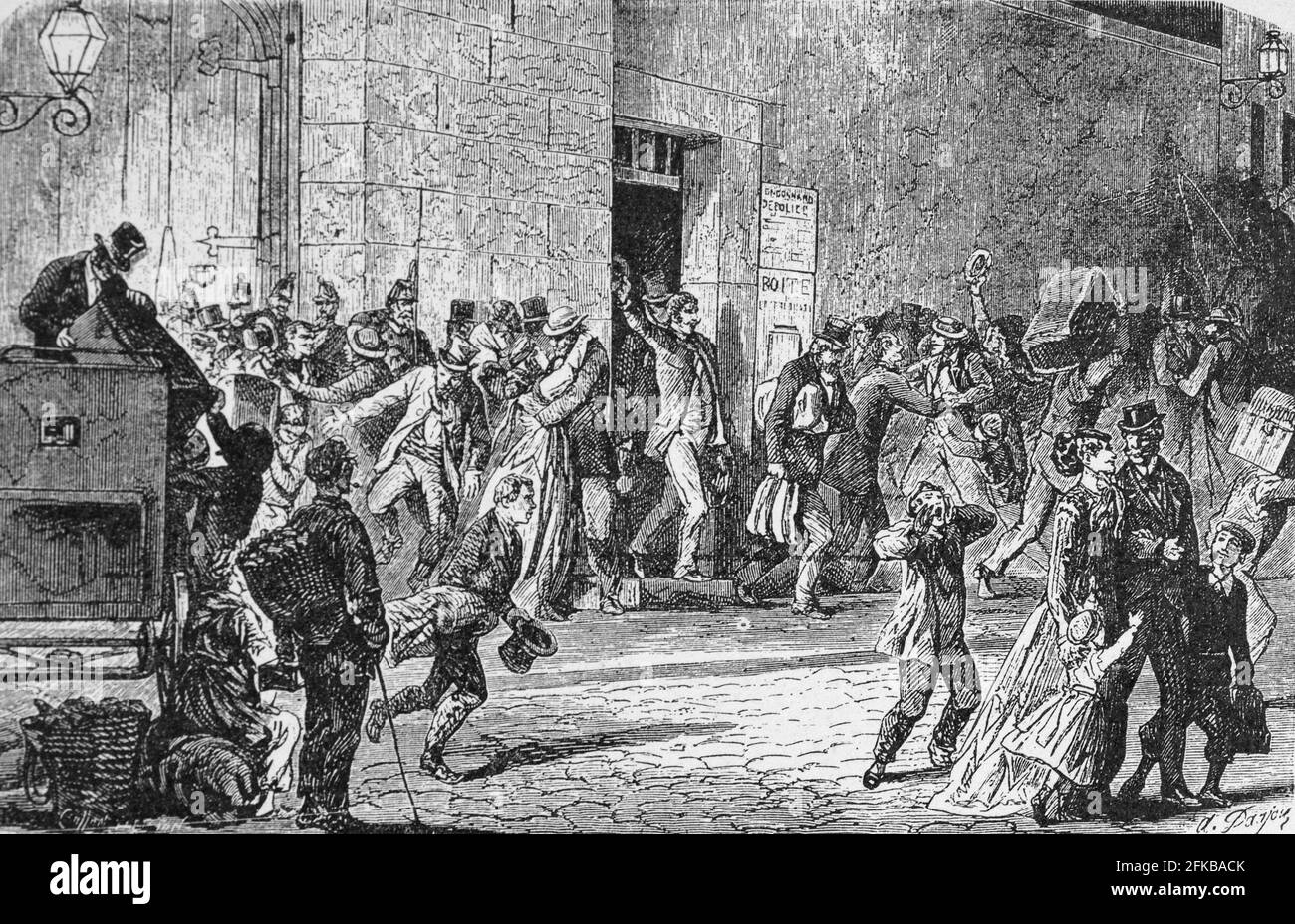 Libération de la prison de Clichy, 24 juillet 1867 à 12:30. Grâce à une loi française votée en 1867 interdisant l'emprisonnement pour dettes, la prison du débiteur de Clichy (dans une banlieue parisienne) a été évacuée. Dans : Louis Barron, Paris Pittoresque 1800-1900. La vie - les Moeurs - les plaisir, Paris, Société française d'Editions d'Art L.-Henry Mai 1899. Banque D'Images