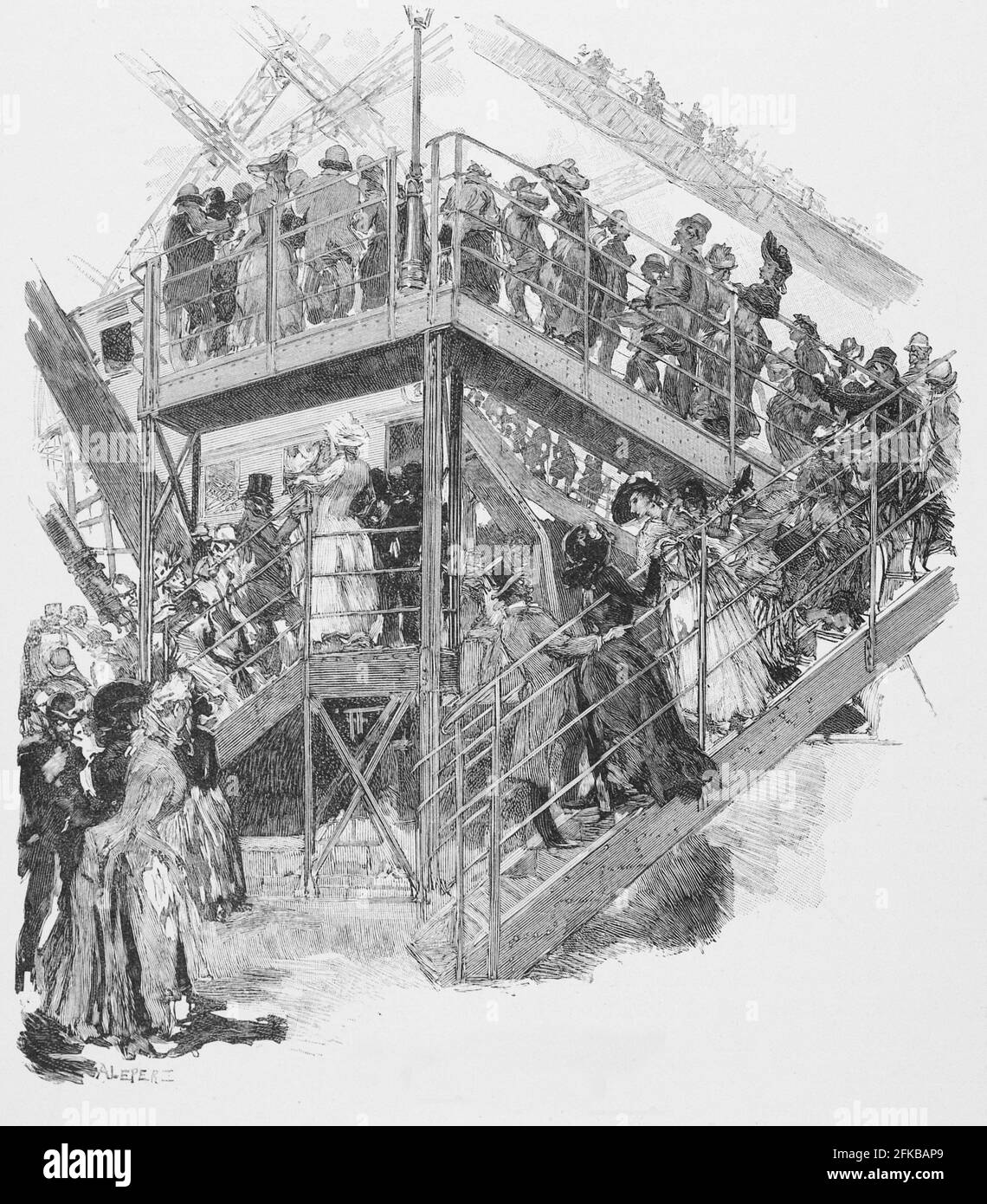 Paris, exposition universelle, 1889: La ligne de l'ascenseur de la Tour Eiffel. Gravure par A. Lepère. Dans : Louis Barron, Paris Pittoresque 1800-1900. La vie - les Moeurs - les plaisir, Paris, Société française d'Editions d'Art L.-Henry Mai 1899. Banque D'Images Paris, exposition universelle, 1889: La ligne de l'ascenseur de la Tour Eiffel. Gravure par A. Lepère. Dans : Louis Barron, Paris Pittoresque 1800-1900. La vie - les Moeurs - les plaisir, Paris, Société française d'Editions d'Art L.-Henry Mai 1899. Banque D'Images