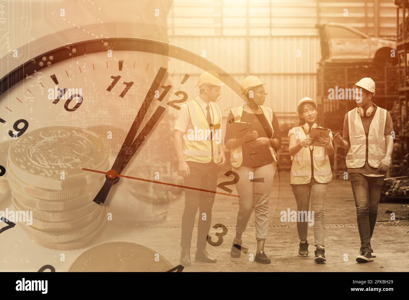 temps de travail des travailleurs, heures de travail de l'industrie du travail concept de temps d'usine. Banque D'Images