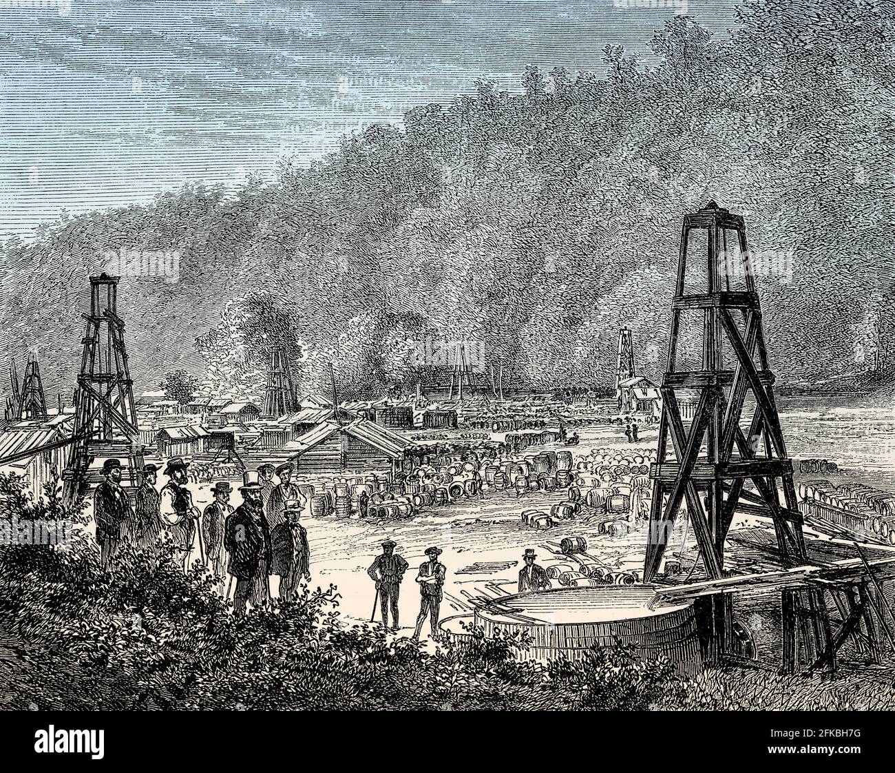 Exploitation précoce des gisements de pétrole à Tarr Farm, Oil Creek, Venango County, Pennsylvanie, vers 1862 Banque D'Images