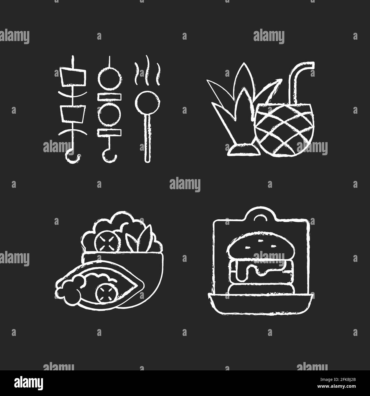 Les icônes blanches de craie de l'option de livraison et de plats à emporter sont en noir arrière-plan Illustration de Vecteur