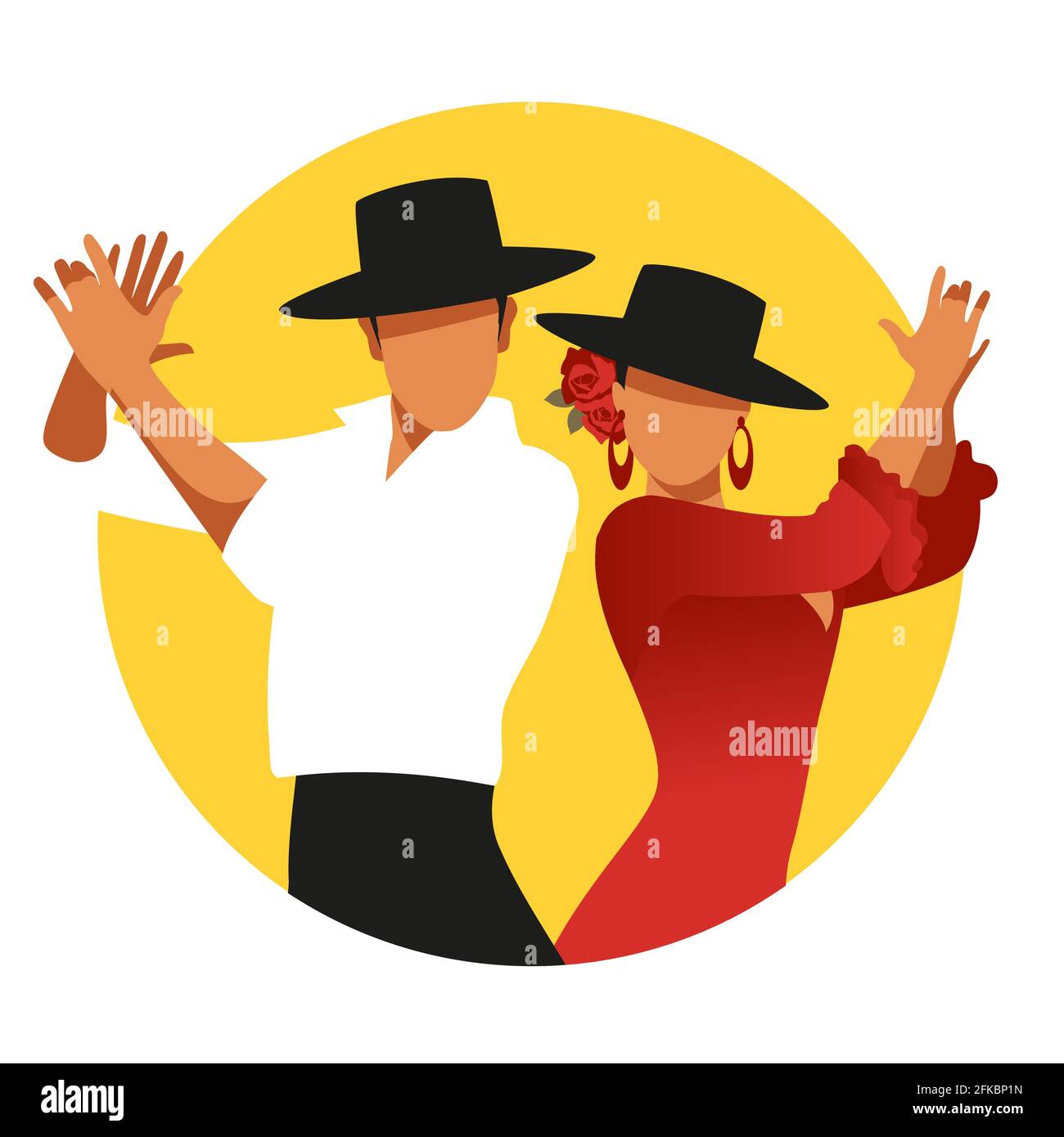 Couple de danseurs de flamenco espagnols portant des chapeaux typiques, jouant des applaudissements. Cercle jaune sur fond blanc Illustration de Vecteur
