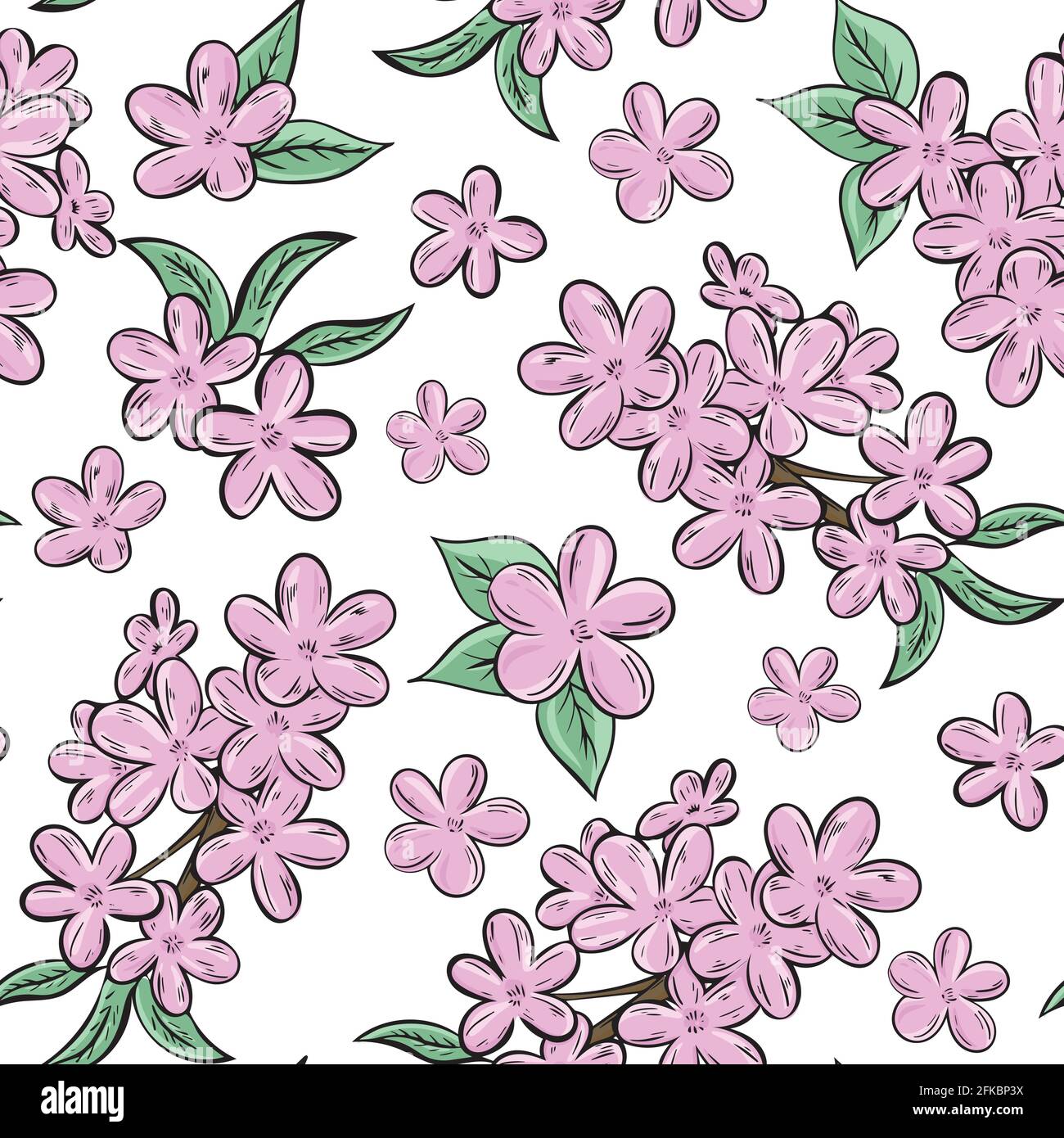 Pommier ou cerisier en fleurs. Motif, branches d'arbre en fleurs. Fleurs roses sur fond blanc. Vecteur. Dessin à la main. Illustration de Vecteur
