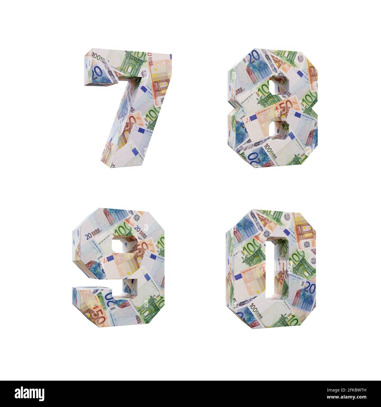 Rendu 3D de l'alphabet avec enveloppé autour des billets en euros : chiffres 7-0 sur fond blanc Banque D'Images