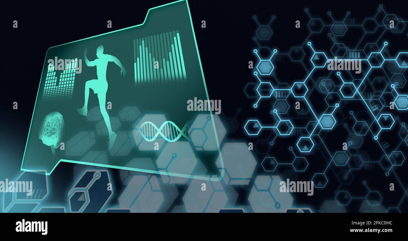 Composition de silhouettes humaines, peuplement d'adn, composés chimiques et traitement de données scientifiques Banque D'Images