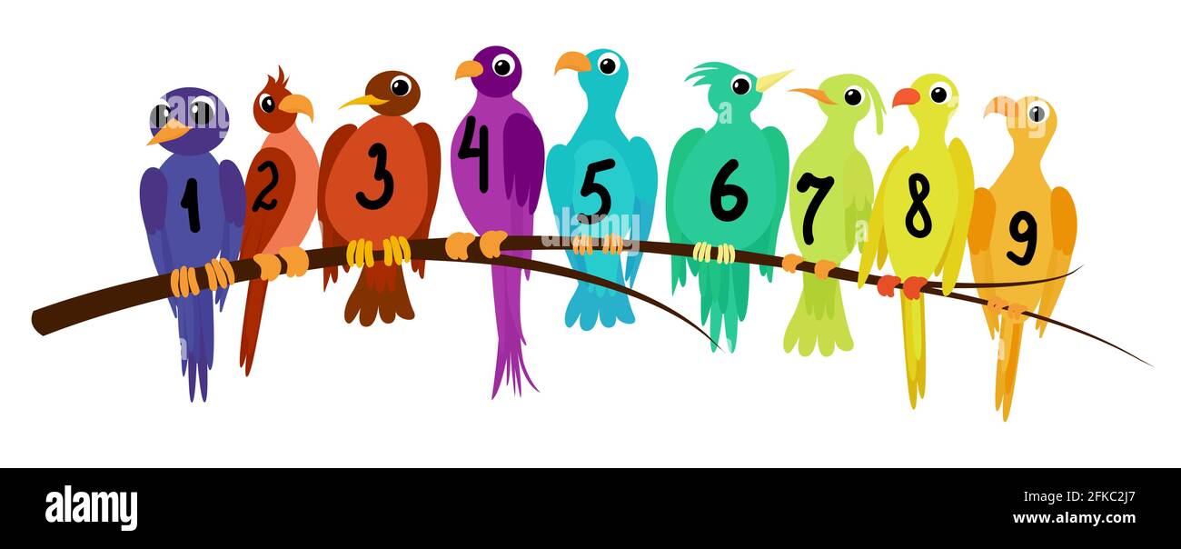 Les enfants apprennent des nombres de 1 à 9 avec des oiseaux isolés sur du blanc. Matériel éducatif. Carte pour l'enseignement. Illustration de Vecteur Les enfants apprennent des nombres de 1 à 9 avec des oiseaux isolés sur du blanc. Matériel éducatif. Carte pour l'enseignement. Illustration de Vecteur