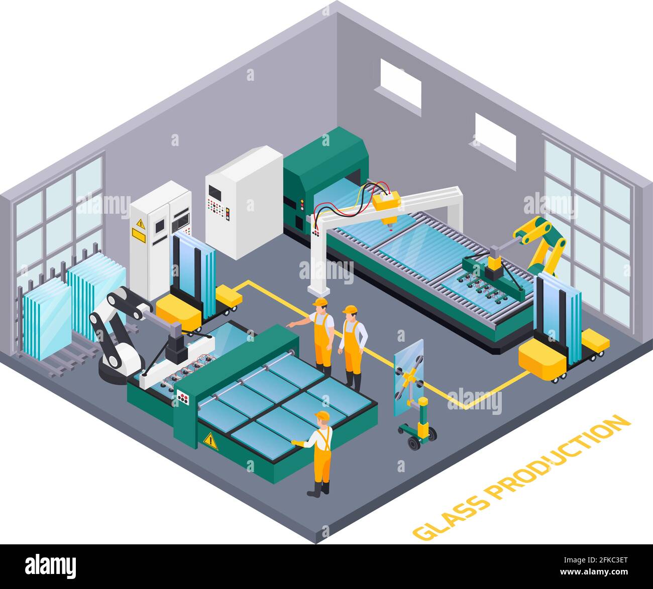 Composition isométrique de production de verre avec texte et vue intérieure de département d'exploitation glassworks avec illustration vectorielle des travailleurs humains Illustration de Vecteur