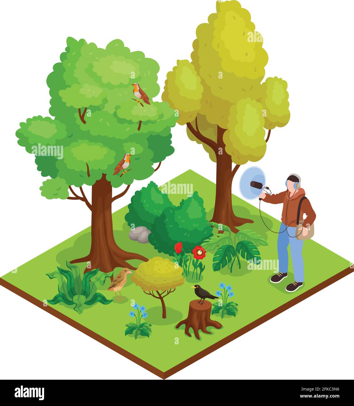 Ornithologue menant des recherches sur le terrain collectant des sons d'oiseaux avec illustration vectorielle de composition isométrique d'équipement spécialisé Illustration de Vecteur